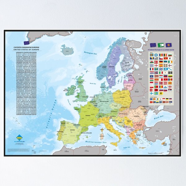 Aperçu de l'œuvre "United States of Europe" : Carte de l'Europe fédérale (version couleurs avec futurs Etats) créée et vendue par Multinatio.