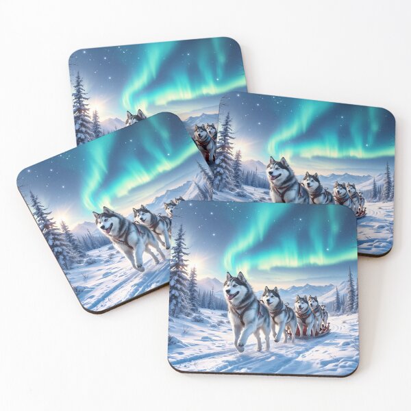 Item preview, A charming 3D pattern background showcasing Alaskan Malamutes as Arctic sled dogs,pulling a sled across a snowy landscape under the Northern Lights,perfect for winter-themed products. designed and sold by AlwaysHome.