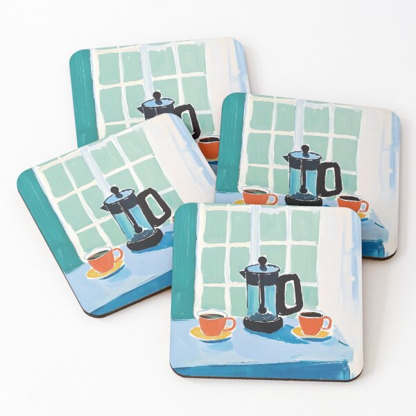 Item preview, French Press with Orange Cups by a Green-Paned Window Minimal Digital AI Art in Fauvism designed and sold by OlfactoART Studio.