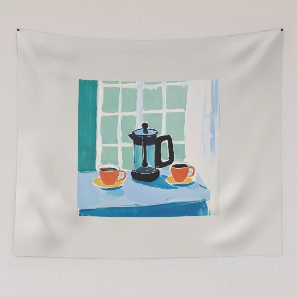 Item preview, French Press with Orange Cups by a Green-Paned Window Minimal Digital AI Art in Fauvism designed and sold by OlfactoART Studio.