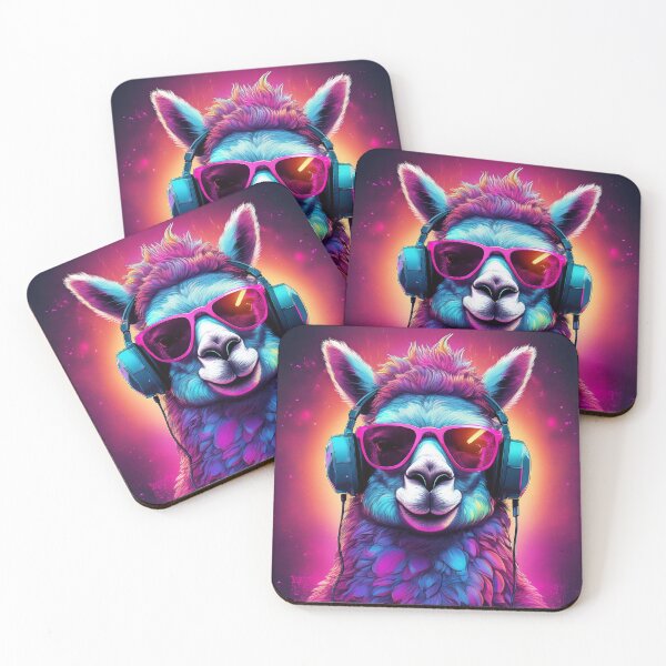 Aperçu de l'œuvre Lama avec casque et lunettes Synthwave créée et vendue par Boxing Kangaroo Retail Company.