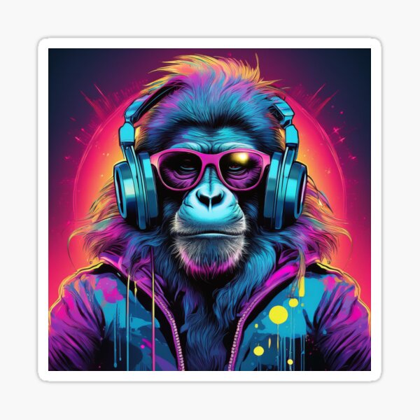 Vista previa del artículo con la obra «Babuino con auriculares y gafas de sol Synthwave», diseñado y vendido por Boxing Kangaroo Retail Company.