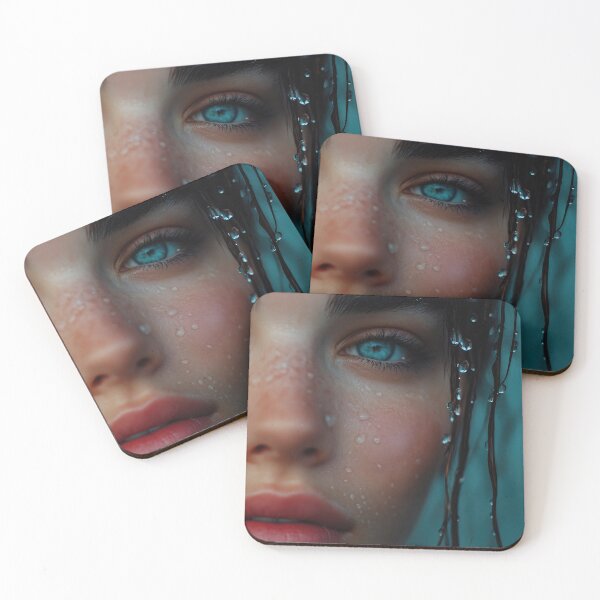Item preview, A young woman with expressive blue eyes and wet hair, droplets glistening on her skin, conveying emotion set against a blue background designed and sold by anytka.