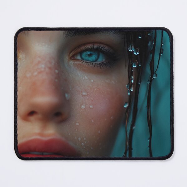 Item preview, A young woman with expressive blue eyes and wet hair, droplets glistening on her skin, conveying emotion set against a blue background designed and sold by anytka.
