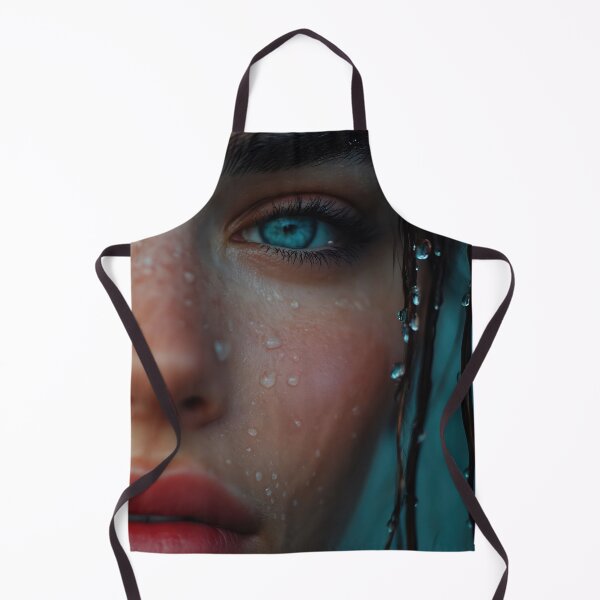 Item preview, A young woman with expressive blue eyes and wet hair, droplets glistening on her skin, conveying emotion set against a blue background designed and sold by anytka.