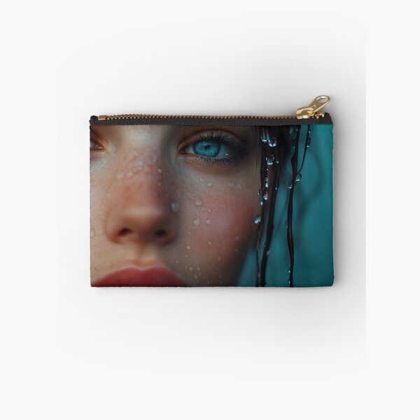 Item preview, A young woman with expressive blue eyes and wet hair, droplets glistening on her skin, conveying emotion set against a blue background designed and sold by anytka.