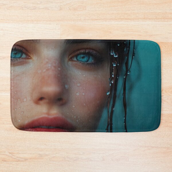 Item preview, A young woman with expressive blue eyes and wet hair, droplets glistening on her skin, conveying emotion set against a blue background designed and sold by anytka.