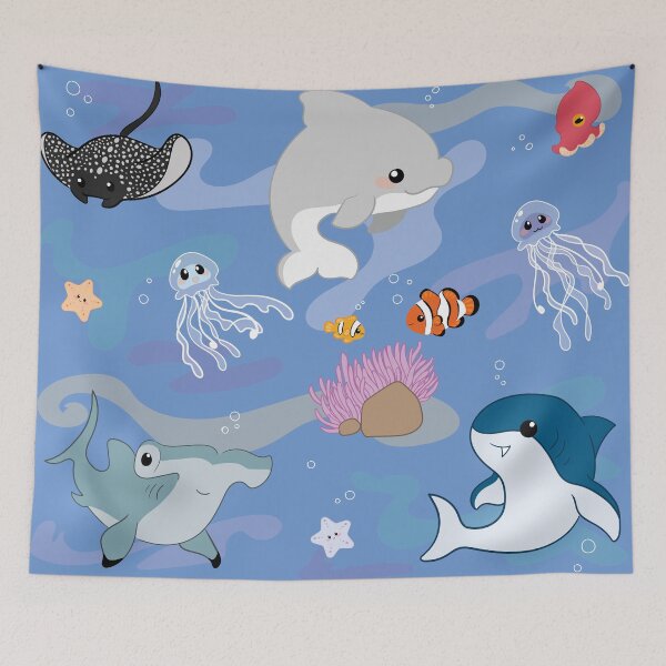 Item preview, cute ocean wildlife pattern with dolphin, clown fish and jellyfish designed and sold by NaiBalin.