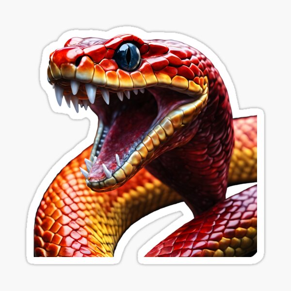 Aperçu de l'œuvre Dessin numérique mat d'un serpent rubis rouge qui a levé la tête et ouvert sa bouche pleine de dents en pierres précieuses et de sourires. créée et vendue par PrintLabStudio.