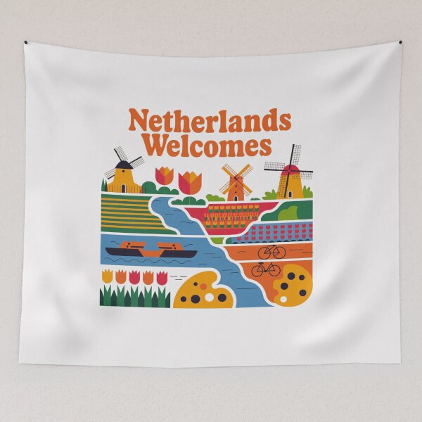 Item preview, Netherlands Welcomes Flag Map Amsterdam, windmills, tulips designed and sold by AnimalsDH305.