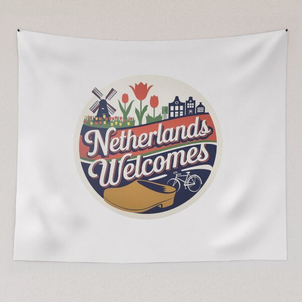 Item preview, Netherlands Welcomes Flag Map Amsterdam, windmills, tulips designed and sold by AnimalsDH305.