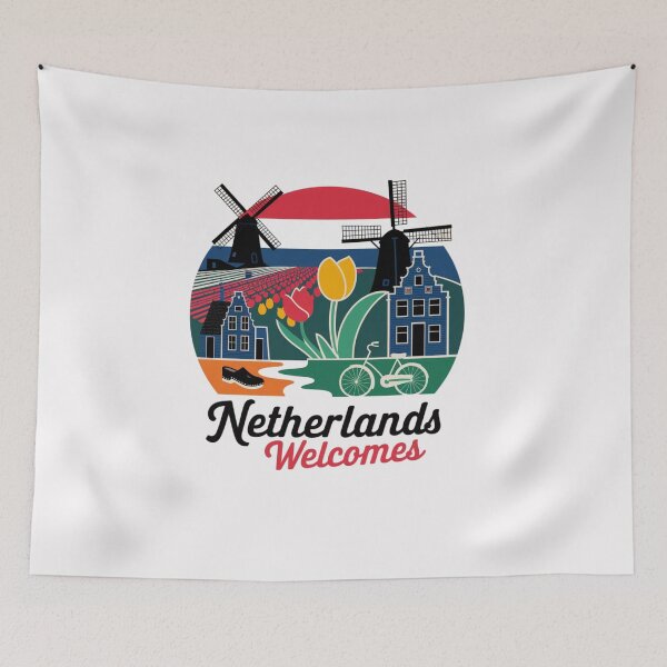 Item preview, Netherlands Welcomes Flag Map Amsterdam, windmills, tulips designed and sold by AnimalsDH305.