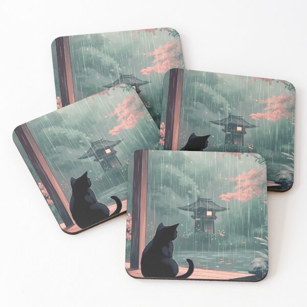 Item preview, Cat in Front of Pond, Studio Ghibli Design, Lofi Vibe, Rainy Day, Pinkish Aesthetic designed and sold by Mabillon.