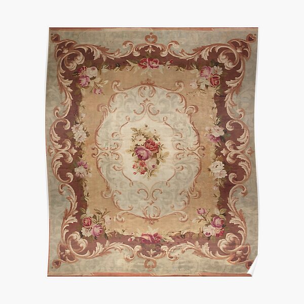 Antique Rose Floral French Aubusson Rug Print Poster
