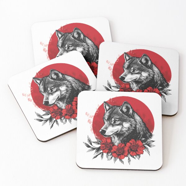 Item preview, Japanese Wolf with Red Flowers Artistic Design designed and sold by AbderraimArt.