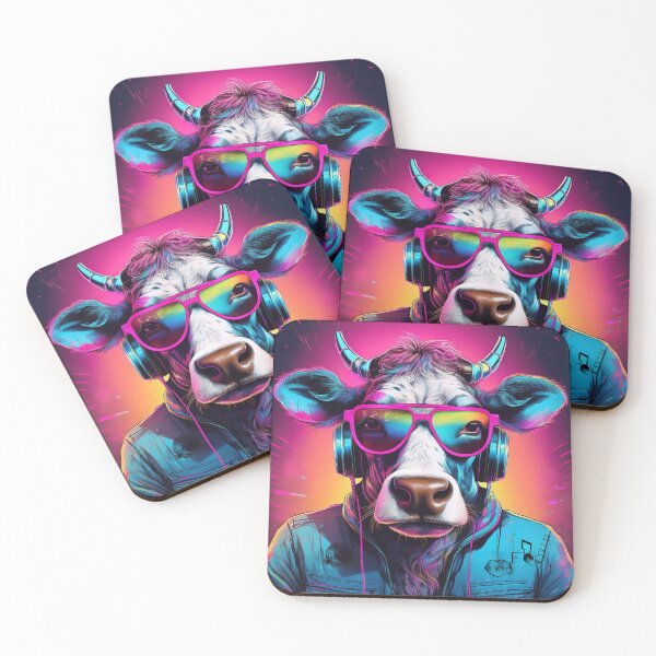 Artikelvorschau, Kuh mit Kopfhörern und Sonnenbrille Synthwave entworfen und verkauft von Boxing Kangaroo Retail Company.