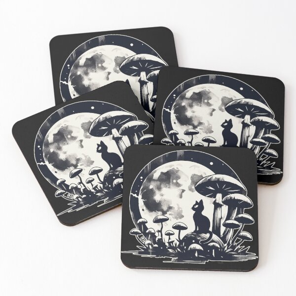 Item preview, Monochromatic Black Cat in Mushroom Garden designed and sold by TomFrontierArt.