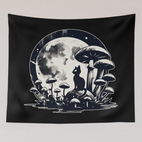 Item preview, Monochromatic Black Cat in Mushroom Garden designed and sold by TomFrontierArt.