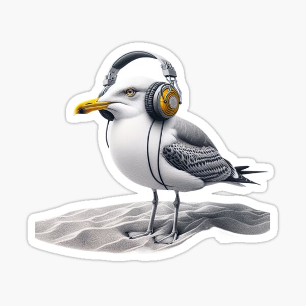 Item preview, Wading bird seagull with headphones in the sand designed and sold by Wattvogel.