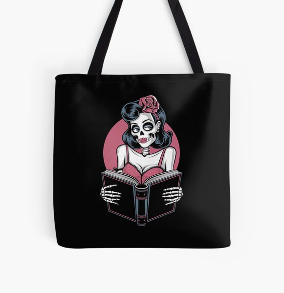 Skeleton Reading All Over Print Tote Bag