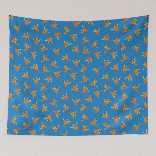 Item preview, playful, flying, stylized birds - undirected - blue and orange designed and sold by colorofmagic.