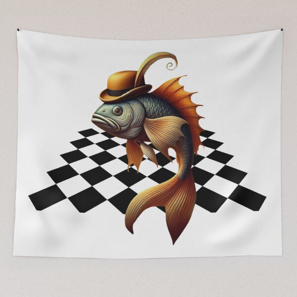 Item preview, Quirky Fish in Bowler Hat on Checkered Background designed and sold by AjugaPaint.