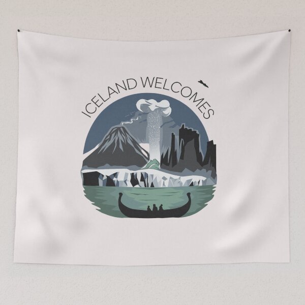 Item preview, Iceland Welcomes Flag Map Reykjavik, geysers, Gullfoss waterfalls,volcanoes designed and sold by AnimalsDH305.