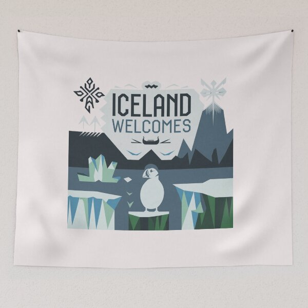 Item preview, Iceland Welcomes Flag Map Reykjavik, geysers, Gullfoss waterfalls,volcanoes designed and sold by AnimalsDH305.