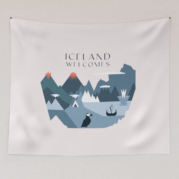 Item preview, Iceland Welcomes Flag Map Reykjavik, geysers, Gullfoss waterfalls,volcanoes designed and sold by AnimalsDH305.