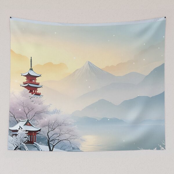 Item preview, Beautiful Asian winter landscape, snow, pagoda, snowy mountain designed and sold by Coolparrotgirl.