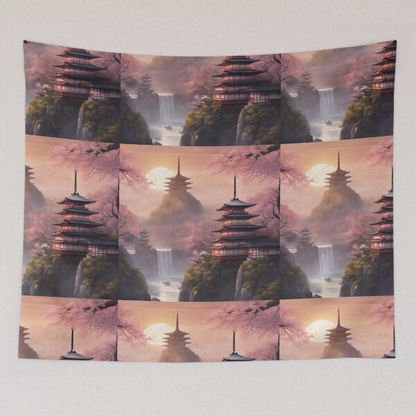 Item preview, Beautiful Asian landscape, mountain and fog, waterfall, pagodas designed and sold by Coolparrotgirl.