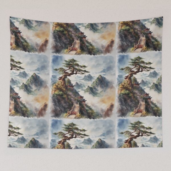 Item preview, Beautiful Asian landscape, watercolour, watercolour foggy mountains, old Asian building designed and sold by Coolparrotgirl.