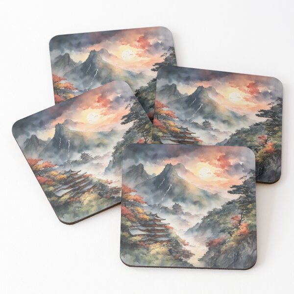 Item preview, Beautiful Asian landscape, watercolour, foggy mountains, sunset, old Asian buildings designed and sold by Coolparrotgirl.