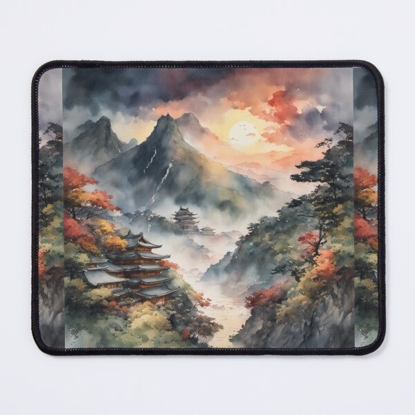 Item preview, Beautiful Asian landscape, watercolour, foggy mountains, sunset, old Asian buildings designed and sold by Coolparrotgirl.