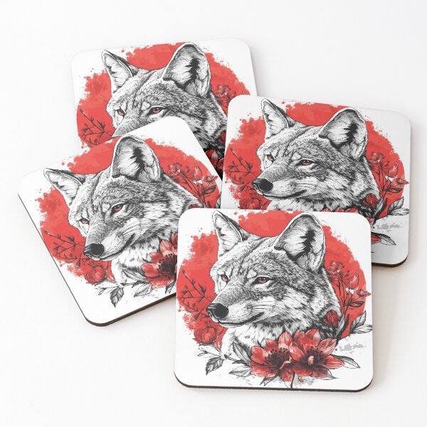 Item preview, White Red Eye Wolf Surrounded by Red Flowers - Mystical Wildlife Tattoo Design designed and sold by Abderraim12.
