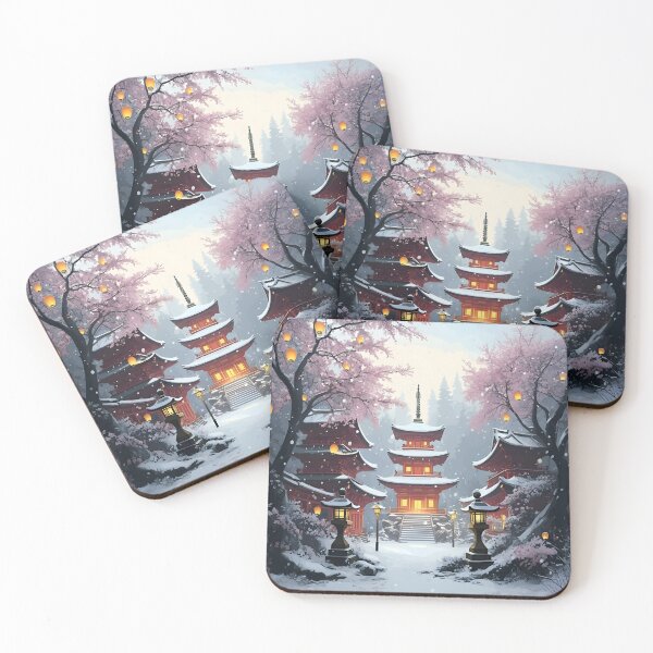 Item preview, Beautiful Asian winter landscape, snow, pagoda, lampions, cherry trees designed and sold by Coolparrotgirl.