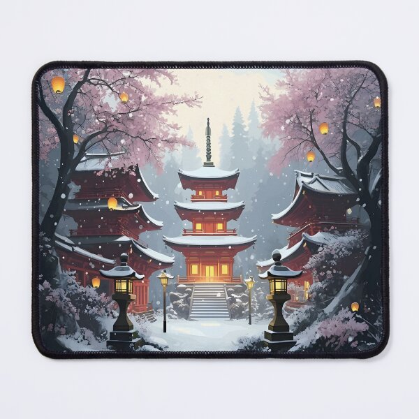 Item preview, Beautiful Asian winter landscape, snow, pagoda, lampions, cherry trees designed and sold by Coolparrotgirl.