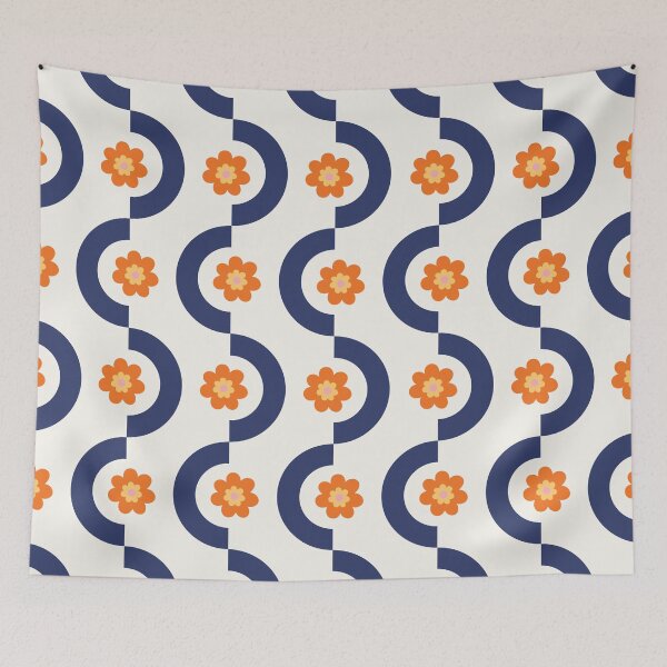 Item preview, Geometric and Flower Pattern I in Navy Blue and Orange, Nostalgia Garden Shower Abstract designed and sold by nineFlorals.