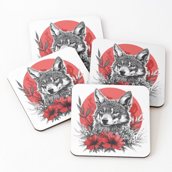 Item preview, Gray Red Eye Wolf Surrounded by Red Flowers - Mystical Tattoo Design designed and sold by Abderraim12.