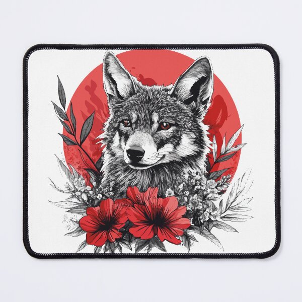 Item preview, Gray Red Eye Wolf Surrounded by Red Flowers - Mystical Tattoo Design designed and sold by Abderraim12.