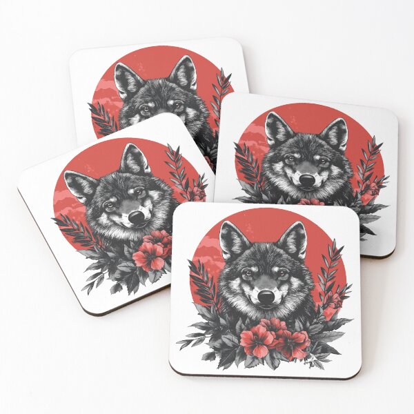 Item preview, Sharp Eye Wolf Surrounded by Red Flowers - Intense Wildlife Tattoo designed and sold by AbderraimArt.