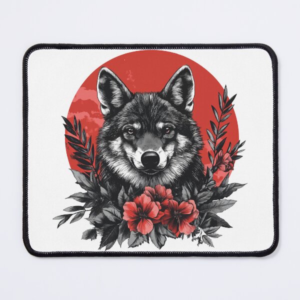 Item preview, Sharp Eye Wolf Surrounded by Red Flowers - Intense Wildlife Tattoo designed and sold by AbderraimArt.