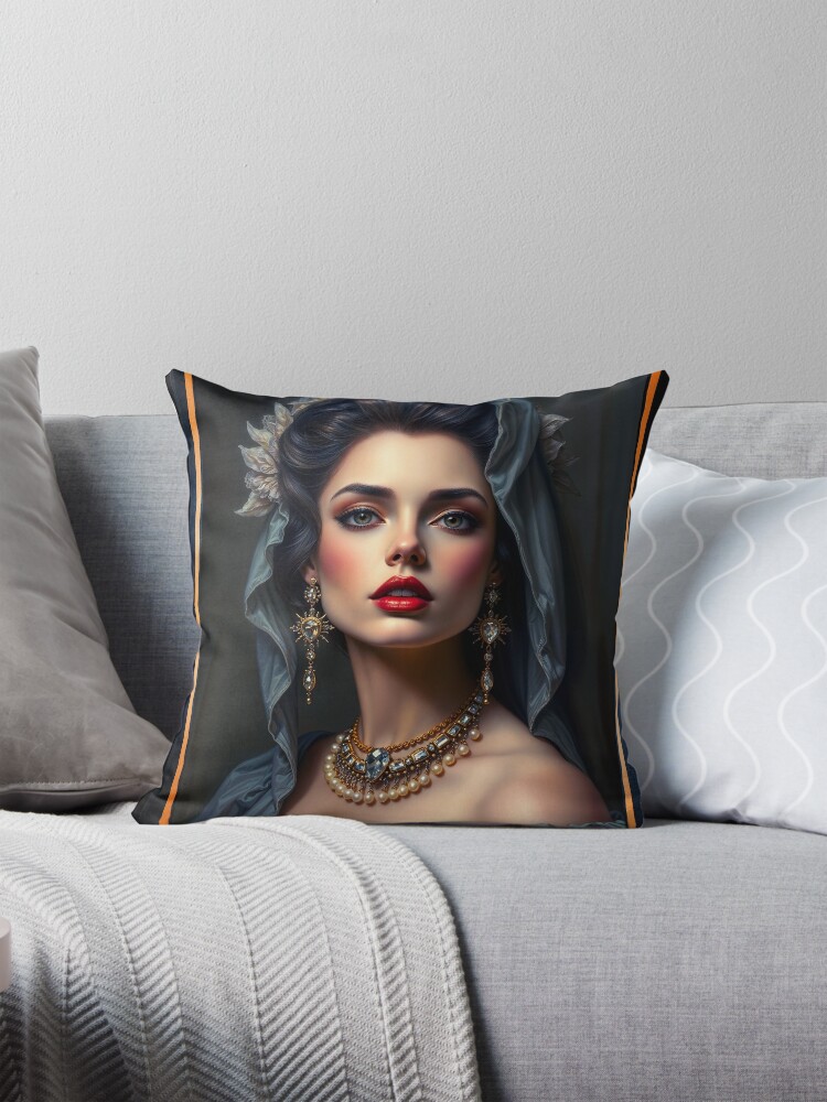 Regal Elegance and Timeless Radiance of Isadoria Frabricci AI Concept Art by Xzendor7 | Her Alluring Gaze Captivates 3 Regal Elegance and Timeless Radiance of Isadoria Frabricci Enchanting AI Concept Art by Xzendor7 Decorative Art Print Throw Pillow
