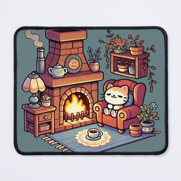 Item preview, Cosy Kawaii Cat by a Fireplace designed and sold by Kawaiidiss.
