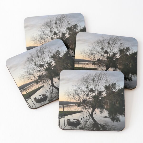 Item preview, Autumn at Lake Vichuquén, Chile, naked tree, docks, and a submerged wooden boat designed and sold by MAMB007.