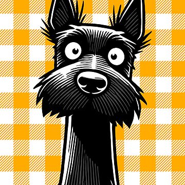 Artwork thumbnail, Scottish Terrier Illustration On A Yellow & White Gingham Plaid Background by K9ish