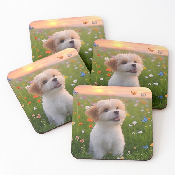 Item preview, a fluffy puppy in a flowery field designed and sold by Fluffy-Fields.