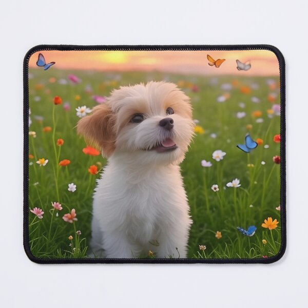 Item preview, a fluffy puppy in a flowery field designed and sold by Fluffy-Fields.