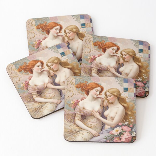 Item preview, Beautiful painting of two  Art Nouveau Renaissance Impressionistic women together after Gustav Klimt designed and sold by Vintage Designs +.