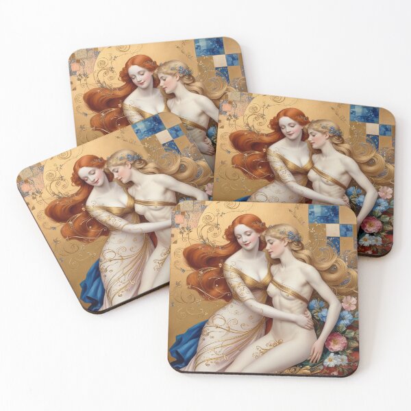 Item preview, Beautiful painting of two  Art Nouveau Renaissance Impressionistic women together after Gustav Klimt designed and sold by Vintage Designs +.